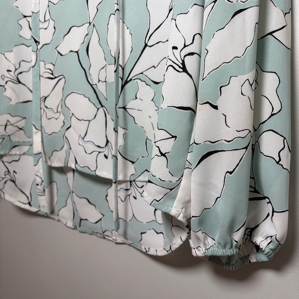 Karl Lagerfeld Paris Mint Floral Tie-Neck Balloon Sleeve Chiffon Blouse Sz Sm - Picture 3 of 8